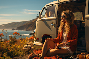 Ung kvinna njuter av naturen och sitt morgonkaffe intill sin bil